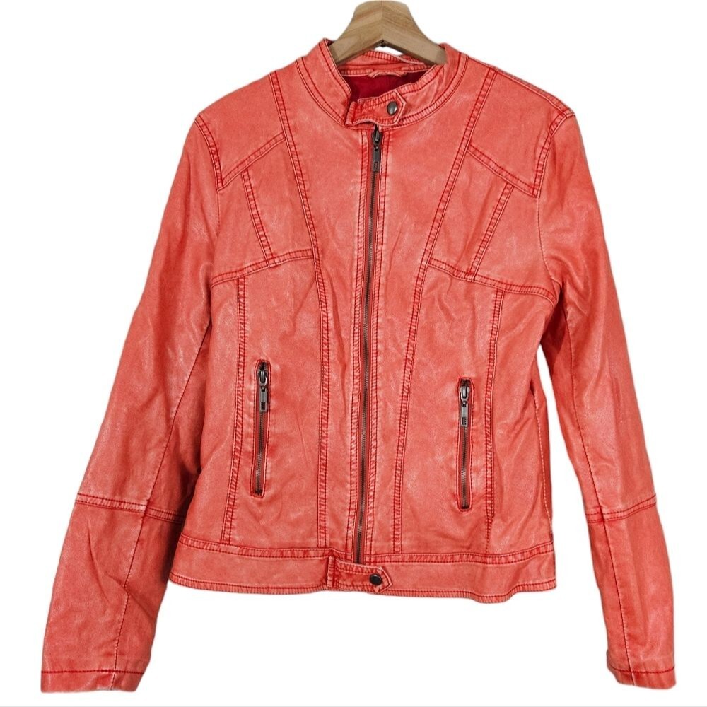 Downtown Coalition Apparel Distressed Red Pleather Moto Y2K Jacket size Large